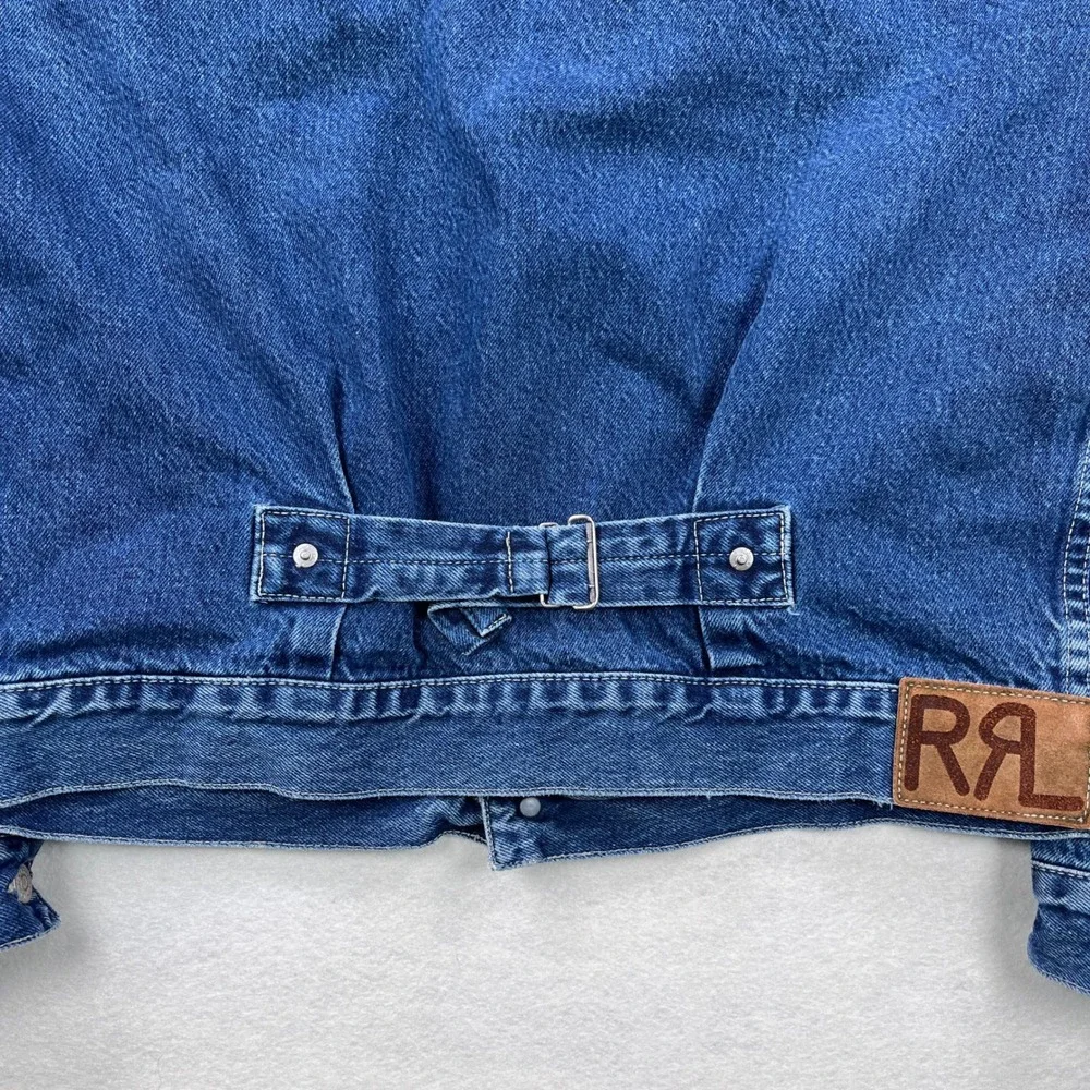 RRL Ralph Lauren Plaid Lined Denim Type 2 Trucker Jacket Mens M Blue Buckle Back